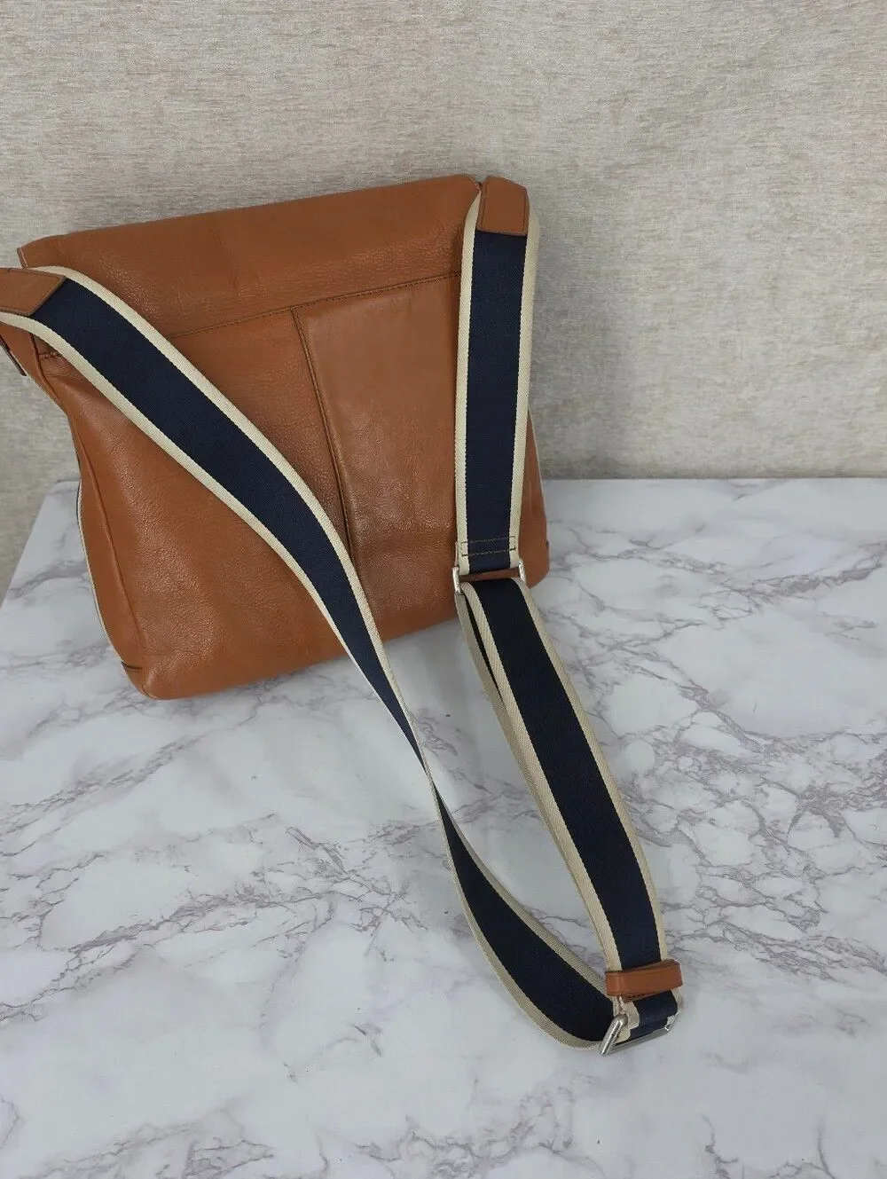 Coach Tan Leather Messenger Bag with Navy Web Strap